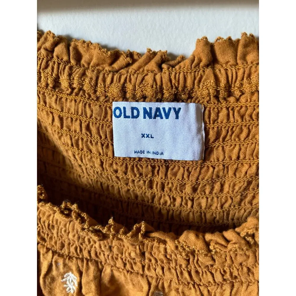 Old Navy Gold Puff Sleeve Smocked Embroidered Babydoll Blouse Plus Size XXL